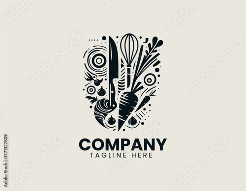Artistic composition of kitchen tools and vegetables with knife and whisk in abstract black vector logo design illustration