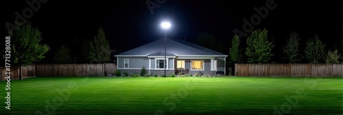 Nighttime illumination of a house and lawn under a bright moon.
