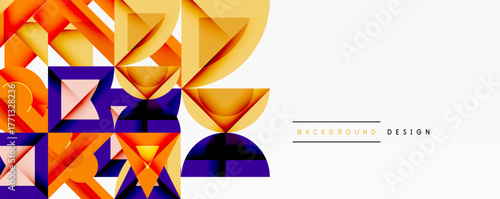 Abstract geometric shapes, vibrant colors, modern design. Orange, yellow, purple hues create dynamic composition. Clean white space balances visual elements.