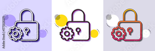 Lock line icon. Halftone dotted pattern. Gradient icon with grain shadow. Padlock cogwheel sign. Security settings symbol. Line lock icon. Various designs. Vector