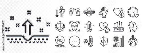 Low thermometer, Clean skin and Coronavirus statistics line icons for web app. Glare of light effect. Message icon. Pack of Social care, Pandemic vaccine, Thermometer pictogram icons. Vector