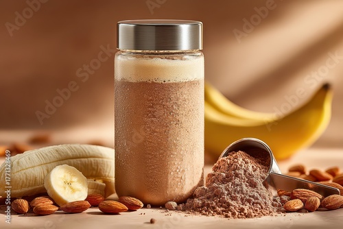Smoothie in Glass Jar with Almonds, Bananas, and Cocoa Powder on Table