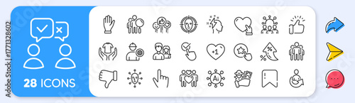 Like, Share and Face biometrics line icons. Interest rate, AI generate, Inflation icons. Pack of Hand, Volunteer, Love couple icon. Checkbox, Brainstorming, Teamwork pictogram. Vector