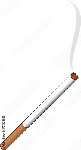 Close up of a lit cigarette emitting smoke with a red tip against a