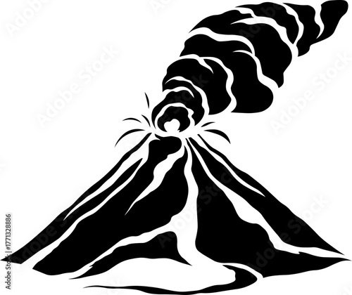 Powerful volcano erupting with dark smoke billowing outward and lava flowing downside