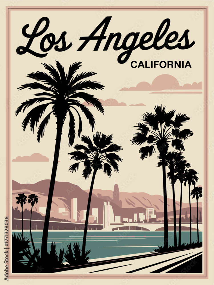Fototapeta premium Mid-century linocut travel poster of Los Angeles with palm trees and hills in sandy beige and teal. Retro cursive lettering and thin border evoke classic California nostalgia.