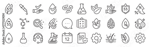 No artificial colors, Anti-dandruff flakes free line icons. Settings gear, Message, Inflation icons. Dermatologically tested, Alcohol free and Paraben chemical formula icons. Vector