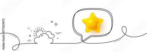 Sunny weather forecast line icon. Continuous line with 3d star. Clouds with sun sign. Cloudy sky symbol. 3d star in speech bubble. Sunny weather single line ribbon. Loop curve pattern. Vector