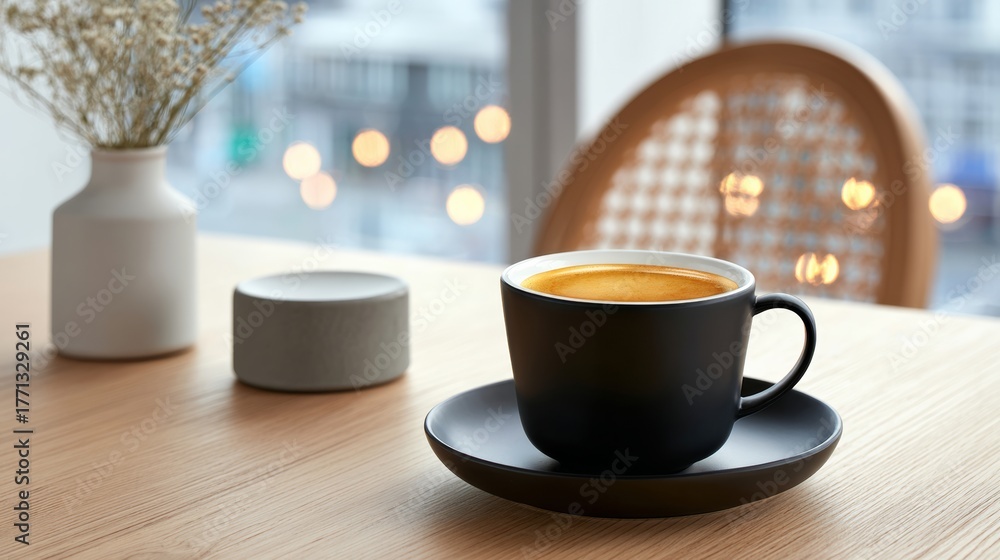 Fototapeta premium Black coffee cup on round saucer placed on wooden table, accompanied by gray container and vase with dried flowers, creating a cozy atmosphere with soft bokeh lights in the background