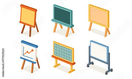 Isometric set of diverse educational and office presentation boards