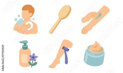 Personal care routine set: hygiene and grooming essentials in soft pastel style