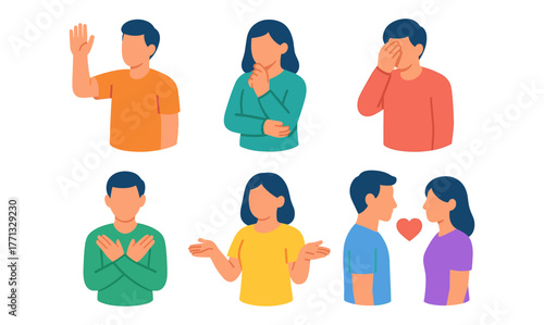 Colorful flat style people displaying various emotions and gestures
