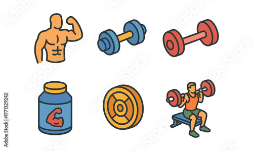 Icon set of fitness and bodybuilding elements in modern line art design