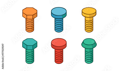 Colorful isometric screws and bolts set