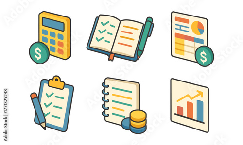Office management icons with calculator, notes, and graphs in colorful design