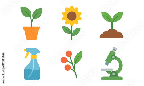 Gardening essentials: plants, tools, and growth elements in flat design