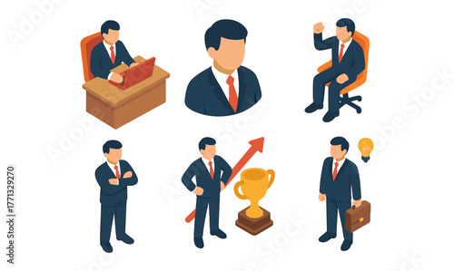Isometric businessman set: success and leadership in professional attire