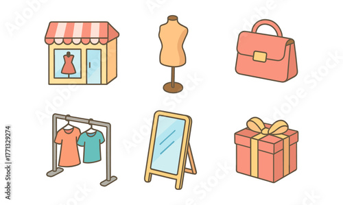 Chic boutique icons: fashion shop, dress form, handbag with gift box and mirror