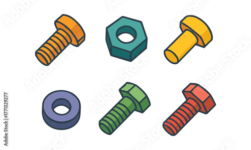 Colorful isometric nuts and bolts collection for diy projects
