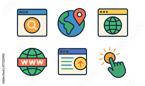Colorful web browser icons featuring globe, search, and navigation elements in flat style