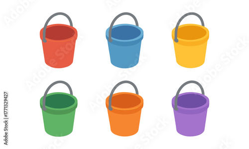 Colorful plastic buckets in isometric style set against neutral background