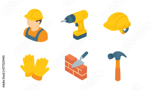 Construction tools and safety equipment icons in isometric style