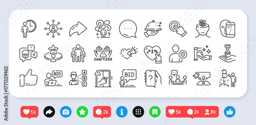 Food delivery, Group and Ask question line icons pack. Social media: share, comment, like icons. Like, Difficult stress, Washing hands web icon. Vip table, Auction, Security pictogram. Vector