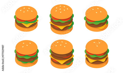 Isometric burger patterns with cheese, lettuce, and sesame buns