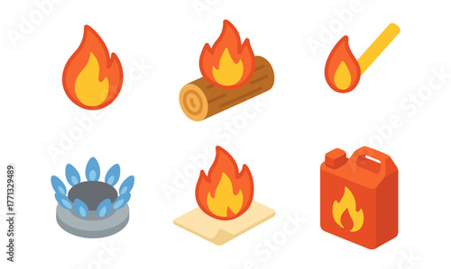 Isometric fire icons collection with flames and fuel elements