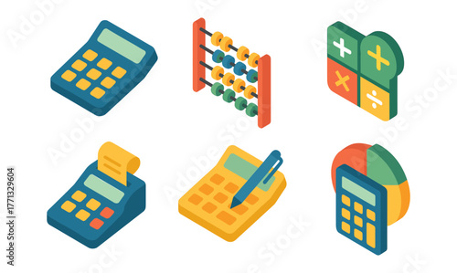 Isometric calculator and abacus icons set for financial and educational designs