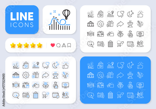 Roller coaster, Carousels and Shopping bag line icons for web app. Message, Share, Like social media icons. Pack of Opened gift, Grill, Honeymoon travel pictogram icons. Vector