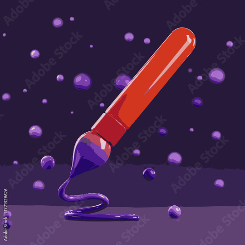 A vibrant red paintbrush dips into luscious purple paint, creating a dynamic swirl amidst floating spheres, symbolizing artistic expression and digital creativity.
