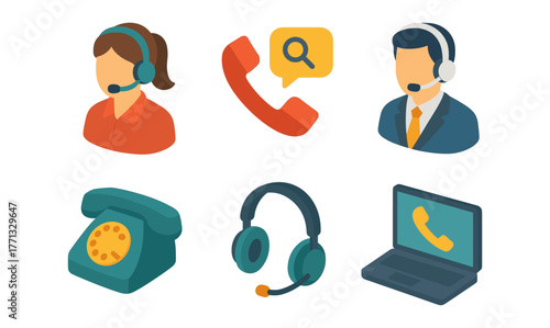 Isometric customer service icons with headset, phone, and laptop elements