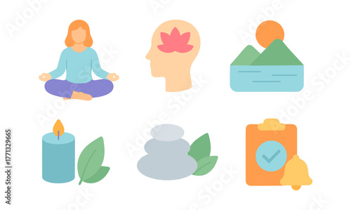 Mindfulness and wellness icons: meditation, nature, and relaxation symbols