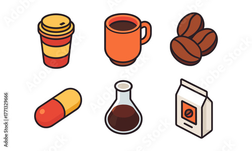 Colorful isometric coffee icons: cups, beans, and packaging for cafes and coffee lovers