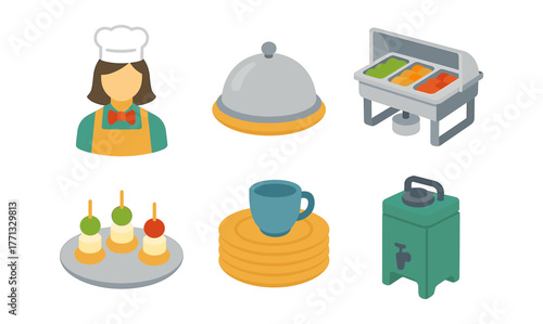 Isometric catering icons: chef, silver tray, buffet, skewers, mug, and beverage dispenser