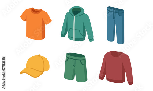 Isometric casual clothing collection: t-shirt, hoodie, jeans, cap, shorts, sweater