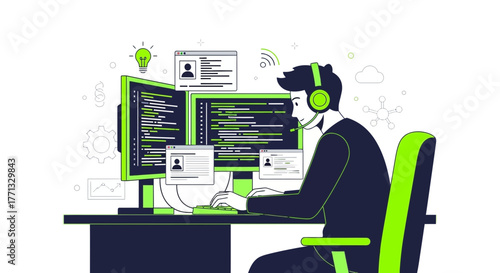 Illustration Of A Tech Worker Concentrating On His Work and Coding On The Computer