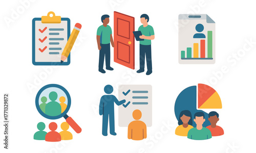 Business and teamwork icons featuring charts and reports in flat design