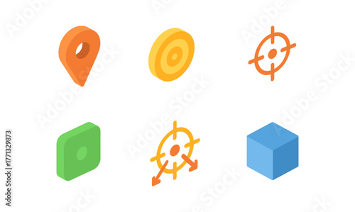 Isometric navigation and target icons in colorful 3d design