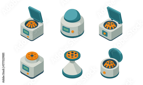 Isometric laboratory equipment set featuring centrifuges and incubators on white background