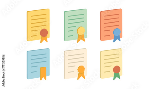 Colorful certificate collection with ribbons in pastel shades on white background