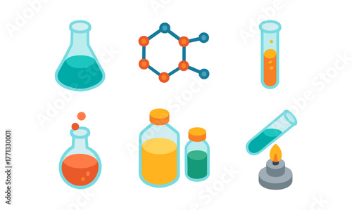 Isometric laboratory equipment: test tubes, beakers, molecule diagram