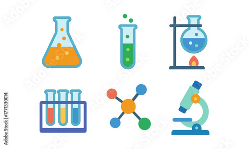 Colorful science icon set featuring laboratory equipment and chemical tools