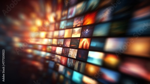 A High Resolution image of wall of screens displaying various images and videos in a digital display.