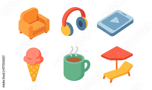 Isometric icons: armchair, headphones, smartphone, ice cream, coffee, beach chair