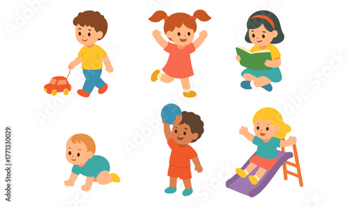 Colorful cartoon kids engaged in playful activities and learning