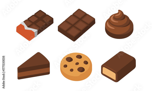 Isometric chocolate treats: sweet delight collection with candy, bar, and cookie designs
