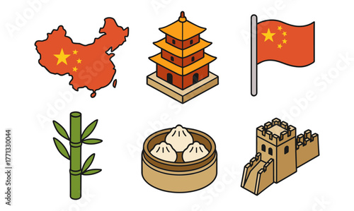Colorful icons of chinese culture: architecture, cuisine, and symbols