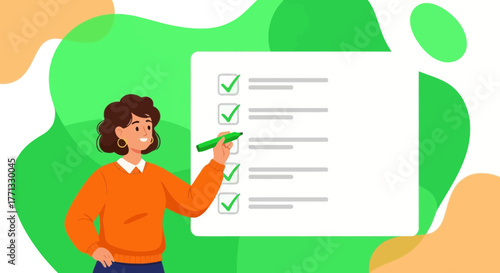 Illustration Of Woman Filling Out Checklist, Achieving Goals, Planning And Organization